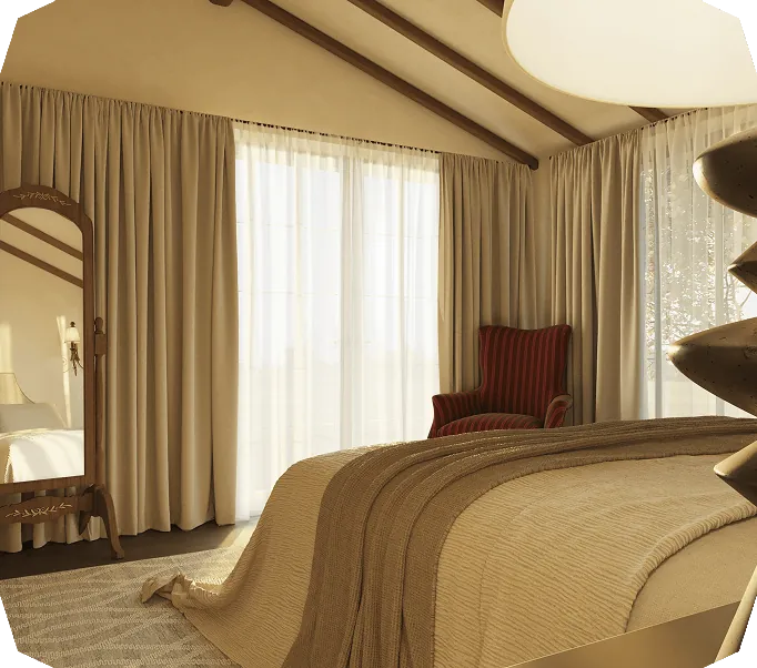 Cozy bedroom with beige curtains, a large bed with brown blankets, a red striped armchair, and a wooden full-length mirror.