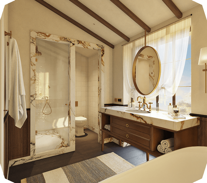 Luxurious bathroom with marble-framed shower and toilet, wooden vanity with marble countertop, round mirror, and towel rack.