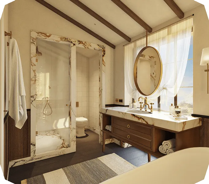 Luxurious bathroom with marble-framed shower and toilet, wooden vanity with marble countertop, round mirror, and towel rack.