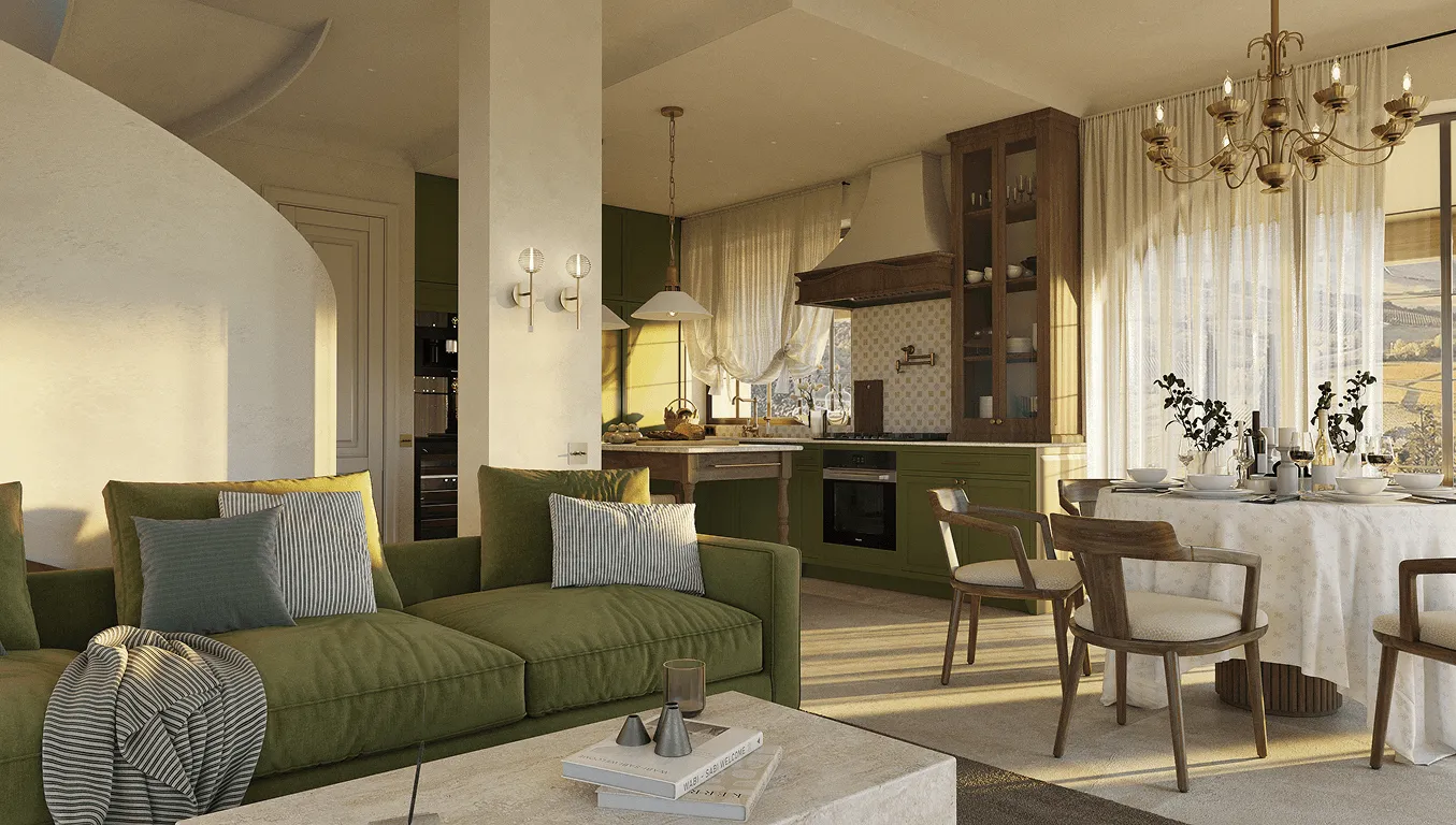 Cozy living and dining area with green sofa, wooden dining table with chairs, and kitchen with olive green cabinets bathed in warm sunlight.