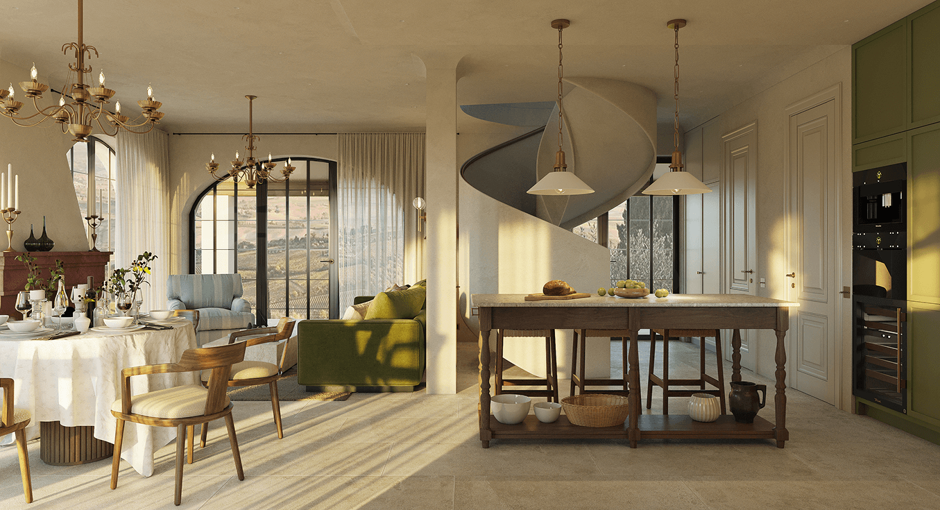 Open-concept living and dining area with wooden furniture, green sofa, round dining table with white tablecloth, spiral staircase, and large arched windows with outdoor landscape view.