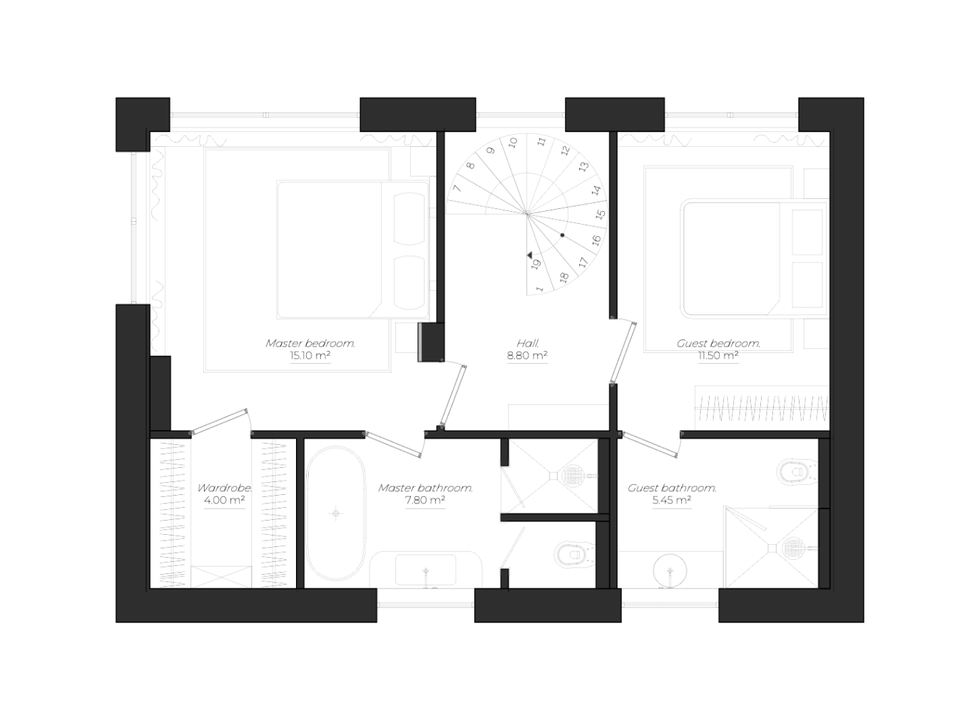 Casa Quiete-plan. Floor plan showing master bedroom with wardrobe and bathroom, a hall with spiral staircase, and guest bedroom with guest bathroom.
