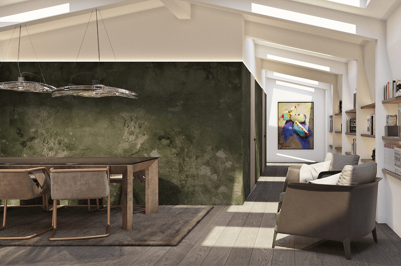 Modern office space with dark textured wall, wooden table with chairs on a rug, and armchairs near bookshelves and colorful abstract painting.