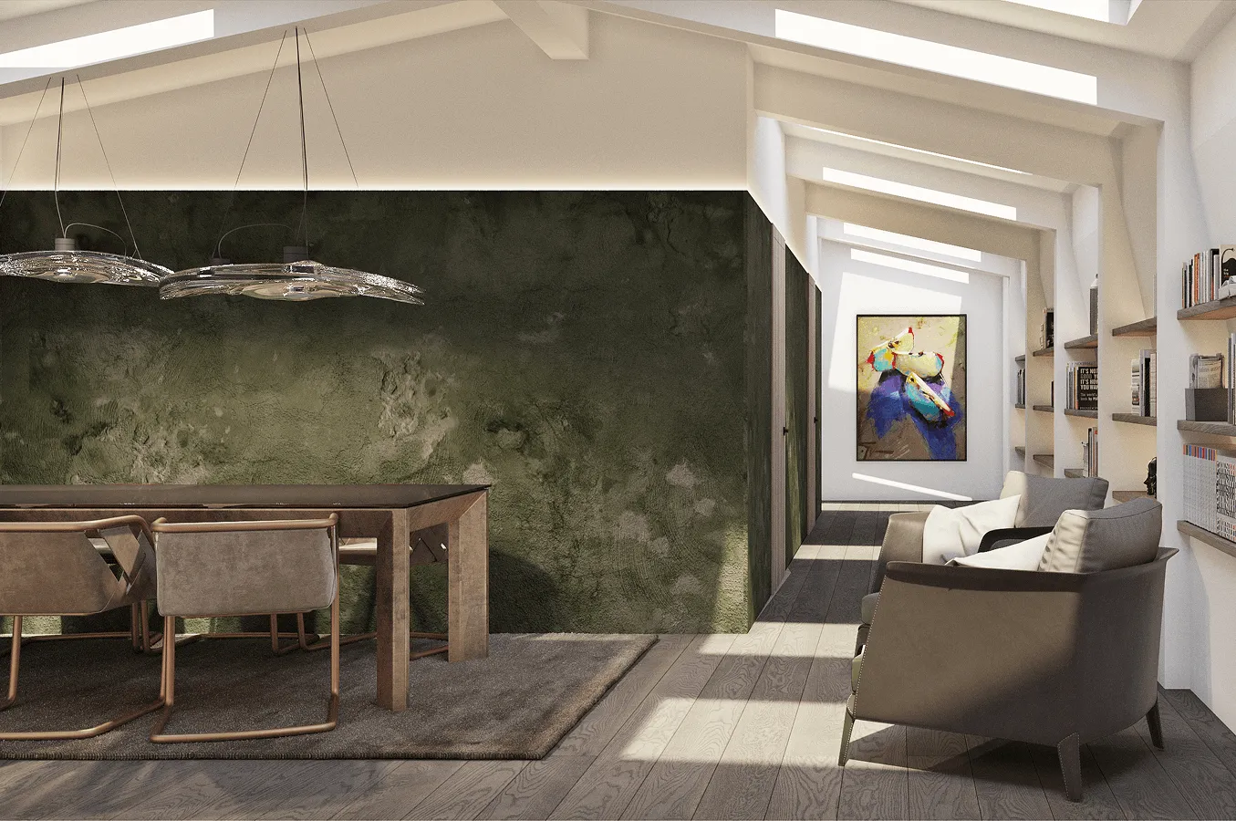 Modern office space with dark textured wall, wooden table with chairs on a rug, and armchairs near bookshelves and colorful abstract painting.