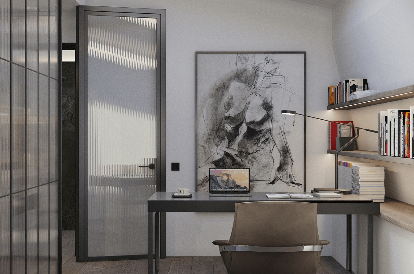 Modern office with a gray desk, leather chair, open laptop, a large abstract charcoal figure drawing on the wall, and books on shelves.