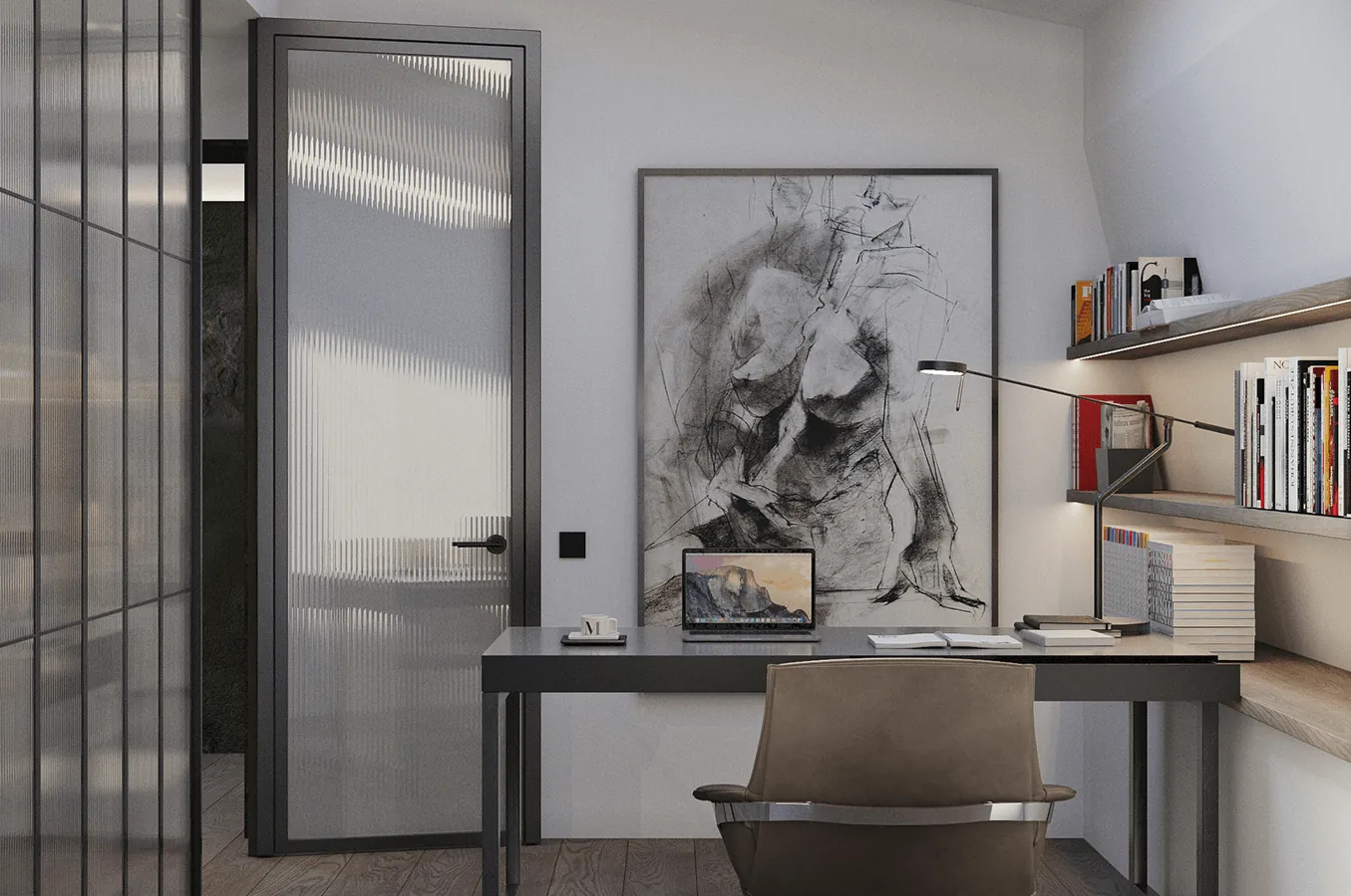 Modern office with a gray desk, leather chair, open laptop, a large abstract charcoal figure drawing on the wall, and books on shelves.