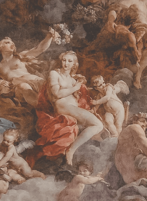 Classical painting of nude and semi-nude mythological figures and cherubs among clouds.