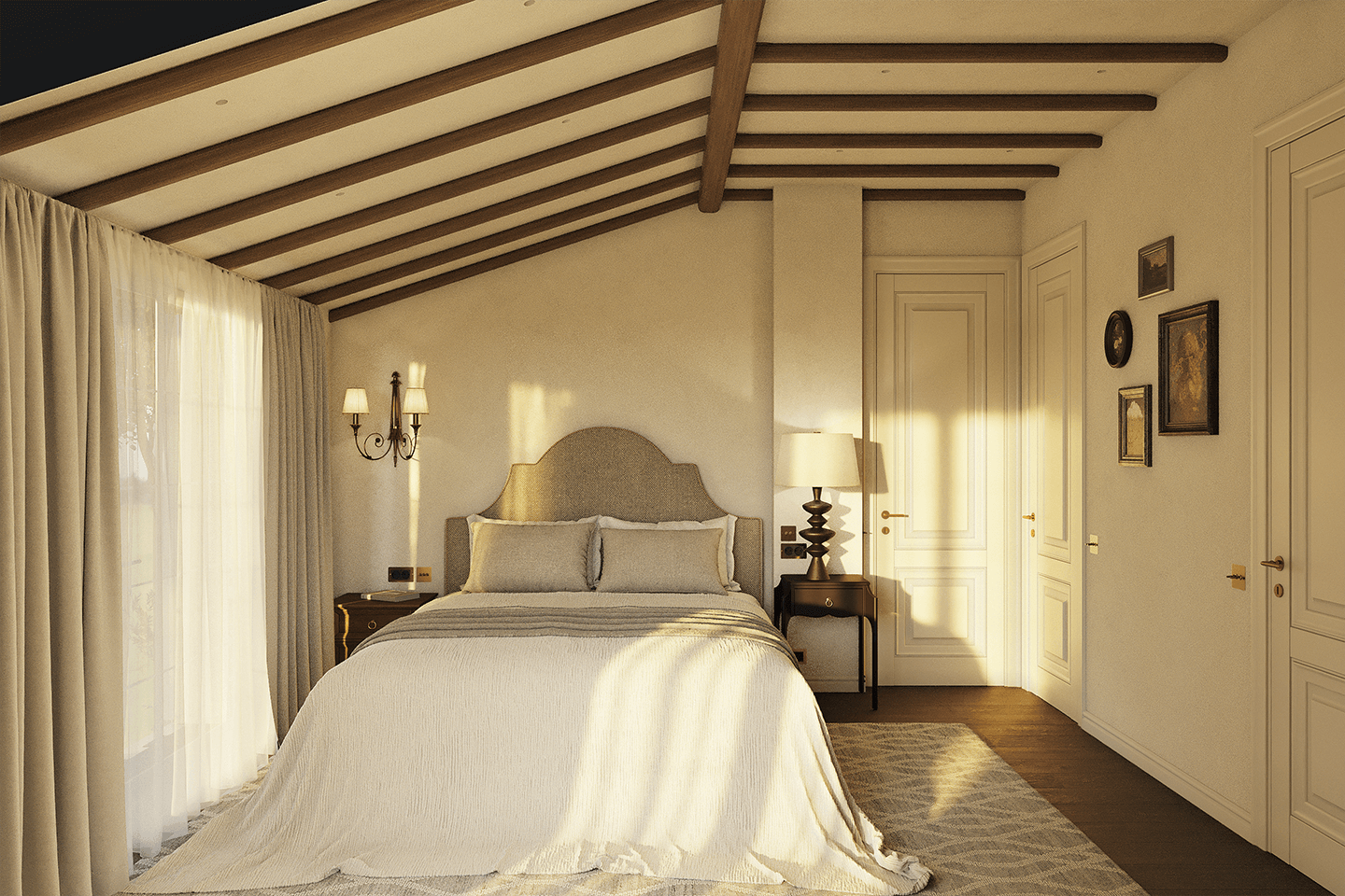 House on the coast of Como
Bright bedroom with a large bed, beige bedding, wooden ceiling beams, side tables with lamps, sheer curtains, and framed wall art.