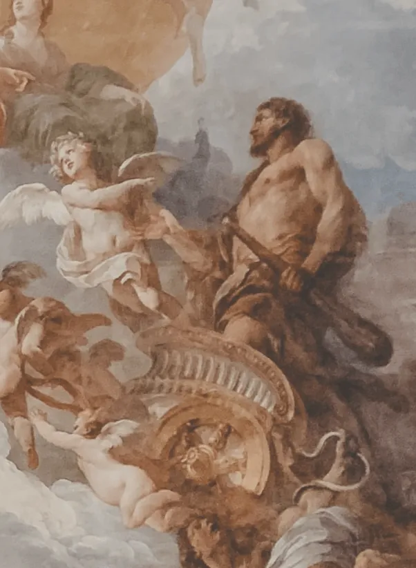 Renaissance-style fresco depicting a muscular man with a club interacting with cherubs and a woman above in flowing robes.