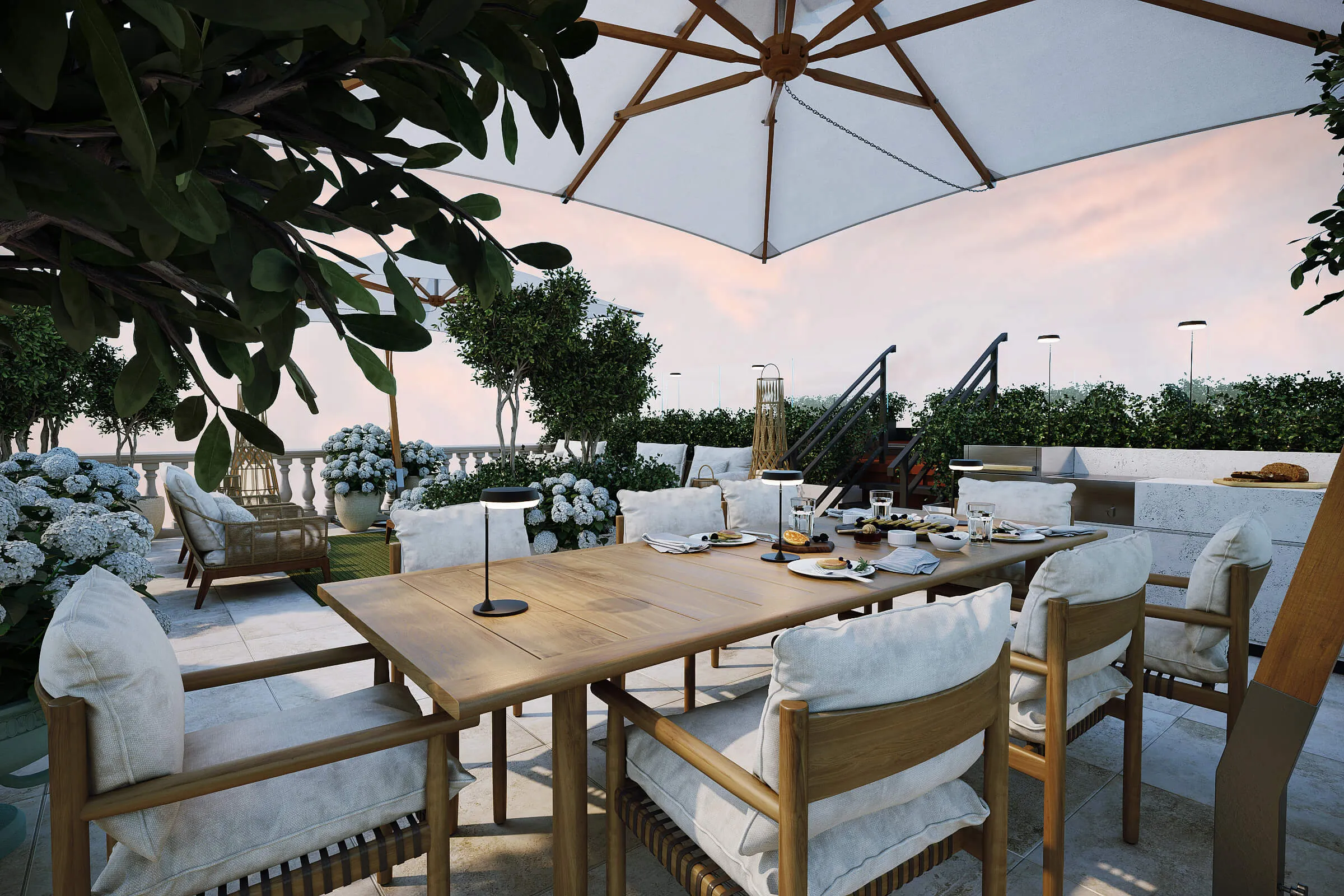Penthouse Terrace — Zurich. Outdoor dining area with wooden table and cushioned chairs under a large umbrella, surrounded by potted plants and a modern outdoor kitchen.