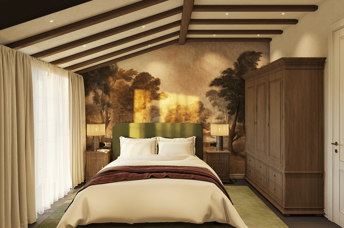 Cozy bedroom with a green upholstered bed, bedside tables with lamps, wood wardrobe, and a mural of trees on the back wall.