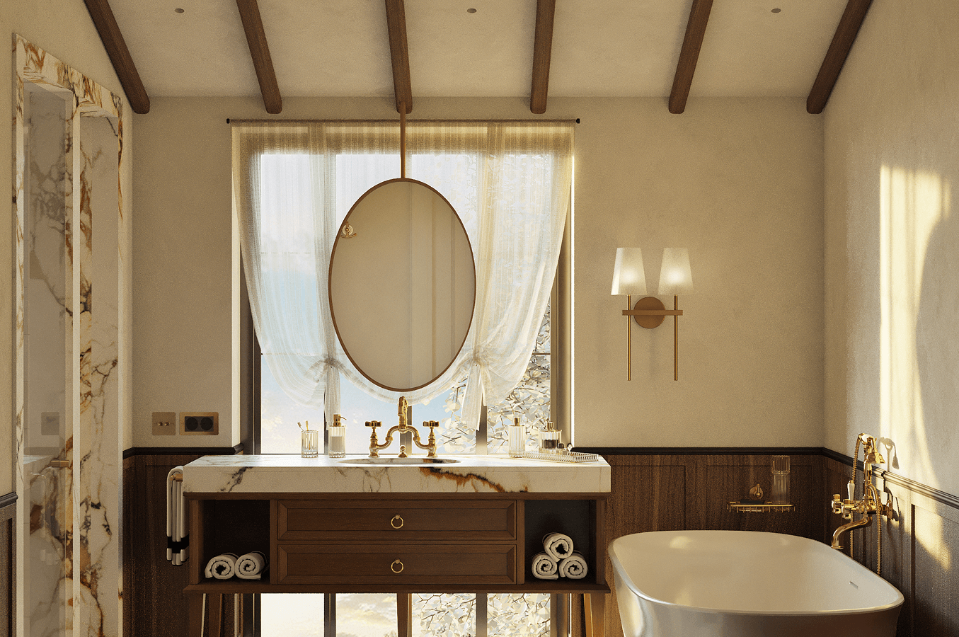 Elegant bathroom with a white freestanding tub, wooden vanity with marble countertop, oval mirror, and soft natural light.