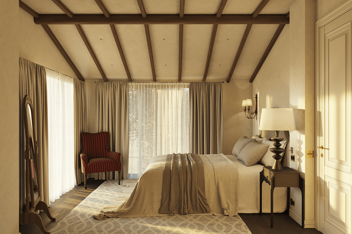 Cozy bedroom with a beige bedspread, a red striped armchair, a wooden floor mirror, and sunlight streaming through large curtained windows.