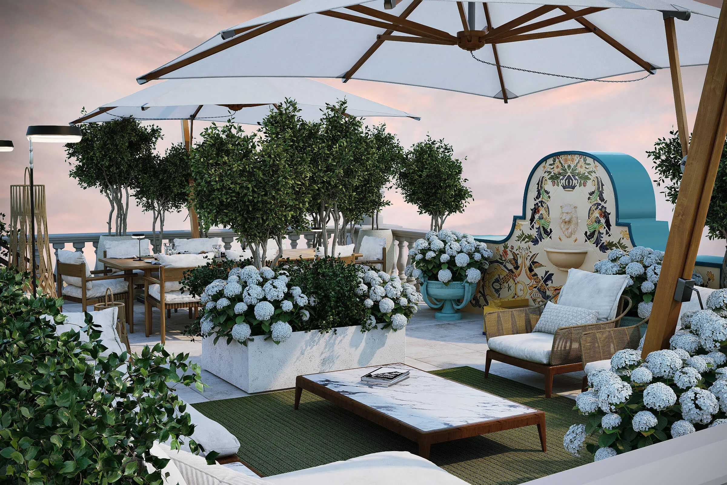 Penthouse Terrace — Zurich. Elegant outdoor patio with white umbrellas, lush green plants, white hydrangea flowers, cushioned wicker chairs, and a decorative tiled water fountain.
