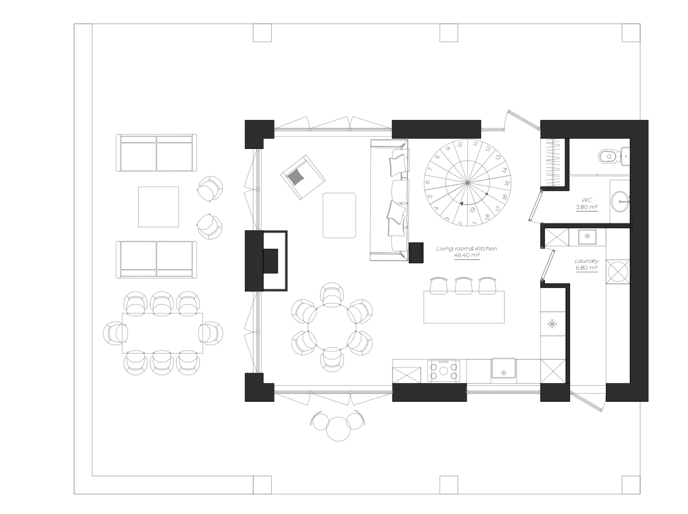Penthouse Terrace — Zurich-plan
Floor plan of penthouse terrace featuring living room with kitchen area, spiral staircase, WC, laundry room, and outdoor seating and dining arranged with sofas, circular and rectangular tables with chairs.