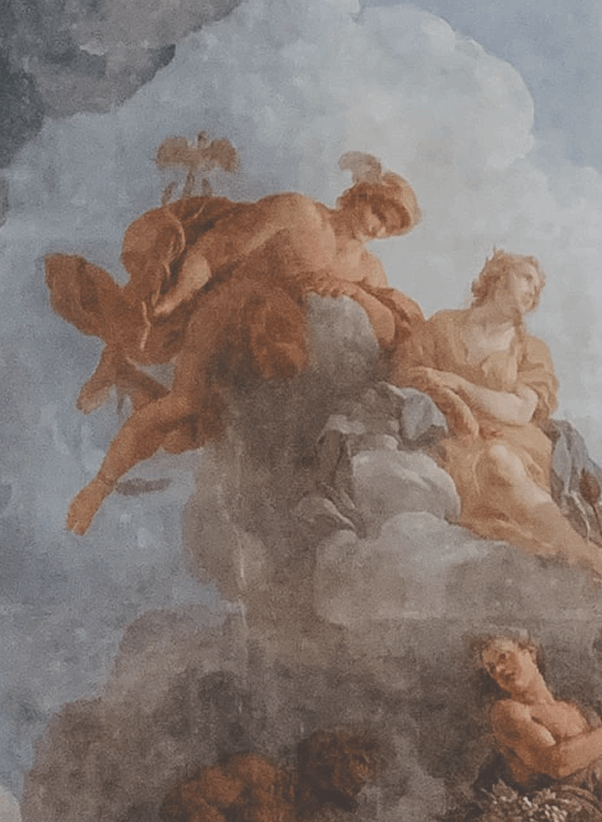 Classical painting of two figures seated on clouds with a third figure partially visible below.