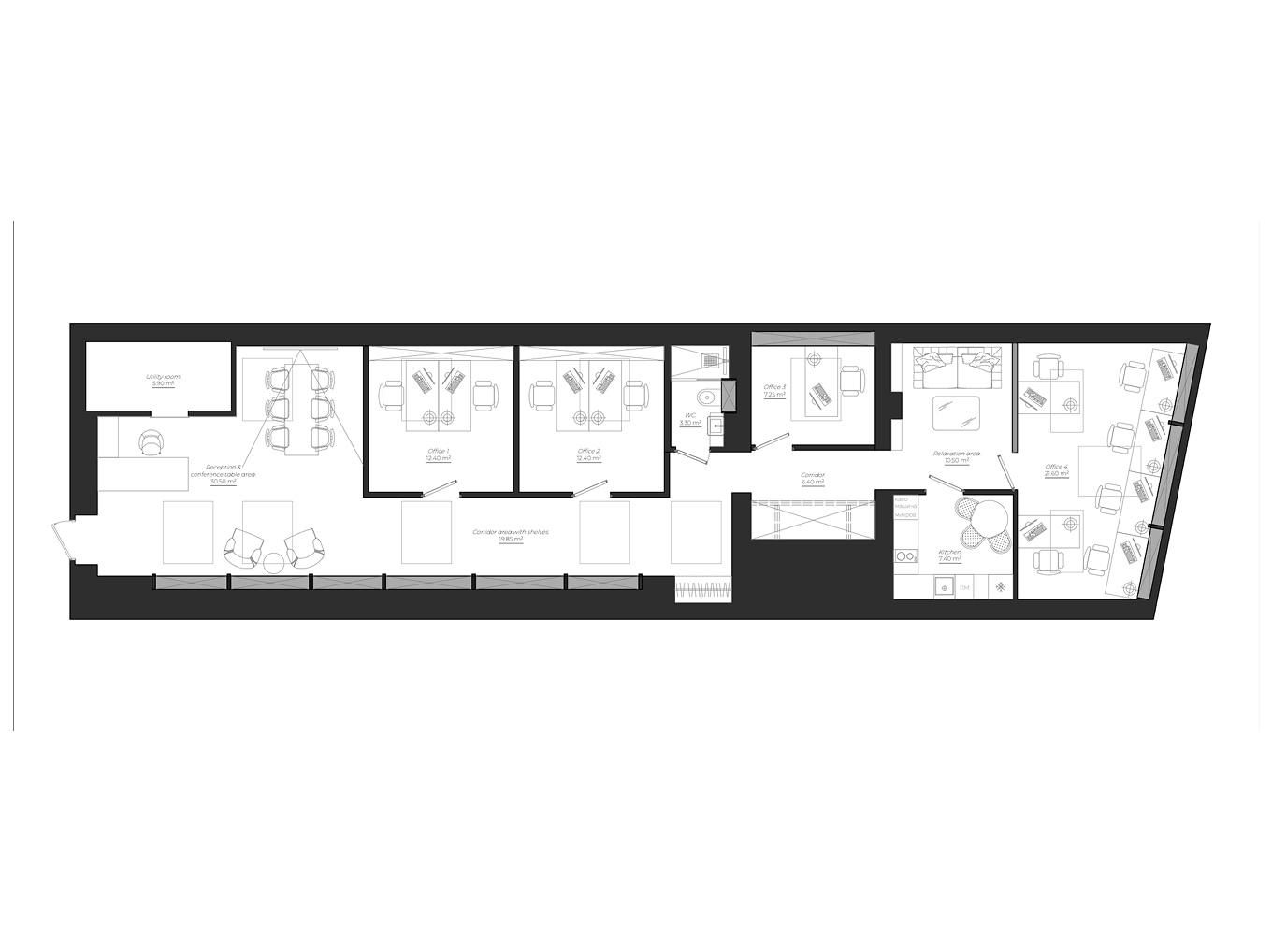Studio Verde — Zurich-plan
Architectural floor plan of a narrow office layout including reception, conference area, four offices, utility room, kitchen, relaxation area, corridors, and a WC.