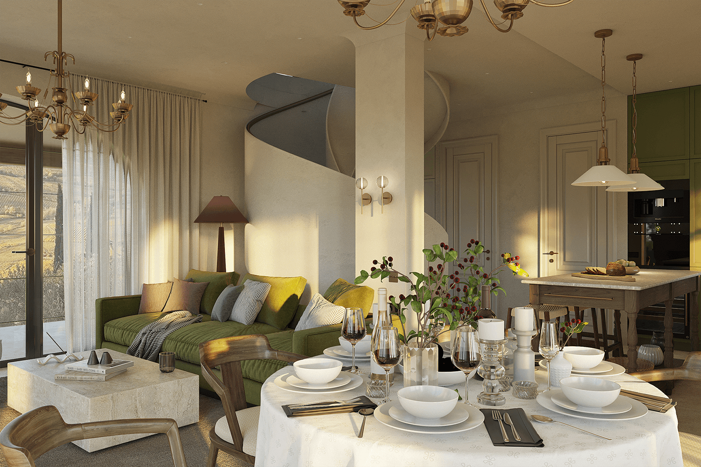Villa Caterina in Lucerne
Cozy living and dining area with green sofa, round dining table set with white dishes, wine glasses, and a floral centerpiece, next to a kitchen island and spiral staircase.