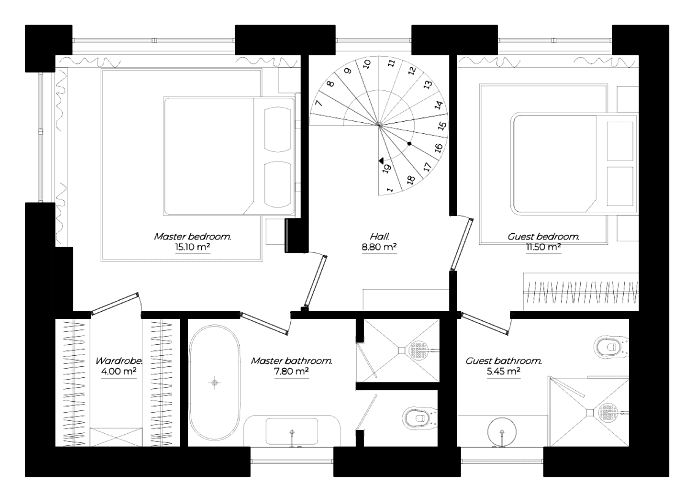 Casa Quiete first floor plan: master bedroom with wardrobe and bathroom, hall with spiral staircase, guest bedroom and guest bathroom
