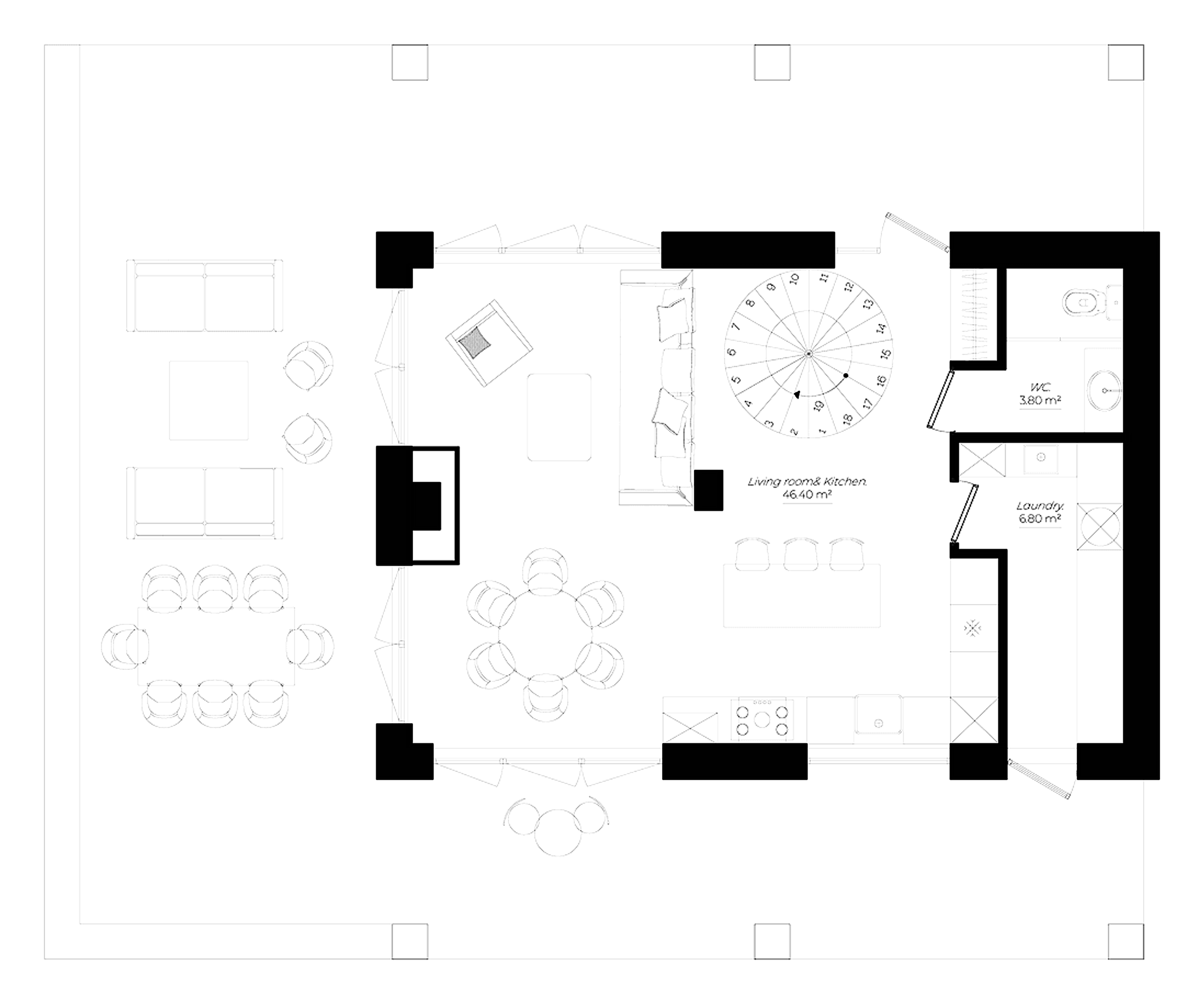 Casa Quiete ground floor plan: living room and kitchen with spiral staircase, WC, laundry and the covered terrace with outdoor dining and lounge