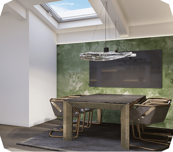Modern meeting room with a rectangular table, six brown chairs, a large wall-mounted screen, textured green accent wall, and a skylight above.