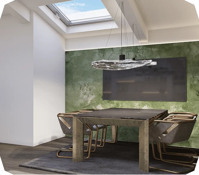 Modern meeting room with a rectangular table, six brown chairs, a large wall-mounted screen, textured green accent wall, and a skylight above.