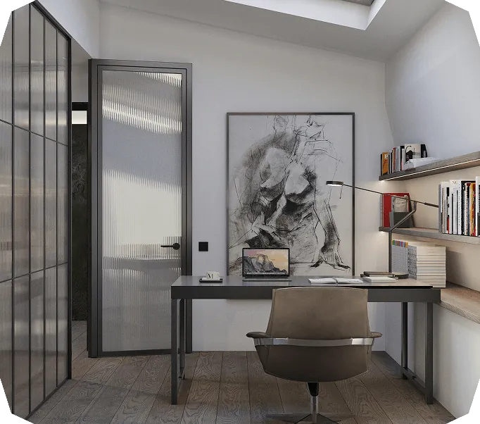 Minimalist office with a modern desk, brown leather chair, open laptop, large abstract art on the wall, floating shelves with books, and a glass door.