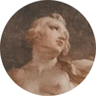 Close-up of a classical painting showing a person with blond hair looking upward and to the side.