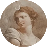 Portrait of a woman with soft curls wearing a white dress and a small hat, painted in a classical style.