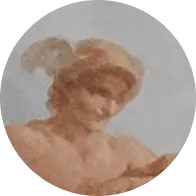 Circular, blurred close-up of a person with curly hair, looking downward against a light background.